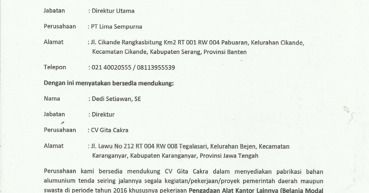 Contoh Surat Dukungan Distributor Perusahaan Supplier 