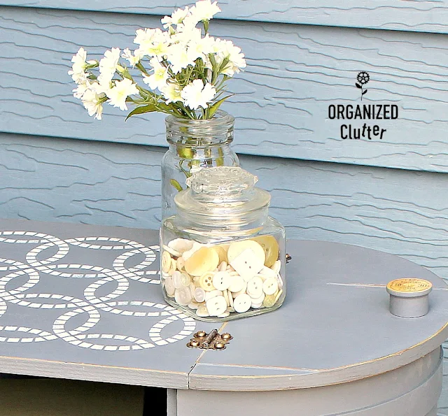 An Upcycled Mid Century Firkin Style Sewing Basket #upcycle #stencil #midcentury #firkin #dixiebelle #weddingringpattern #thriftshopmakeover