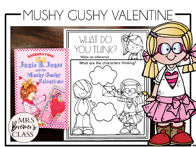 Junie B Jones and the Mushy Gushy Valentine novel study book activities unit with companion printables, reading comprehension worksheets, and literacy lesson ideas for First Grade and Second Grade