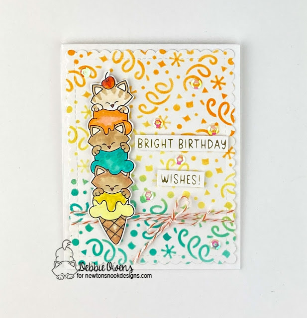 Bright birthday wishes by Debbie features Newton's Birthday Delights, Confetti, Bright Sentiments, Frames & Flags by Newton's Nook Designs; #inkypaws, #newtonsnook, #birthdaycards, #cardmaking, #catcards, #cardchallenge