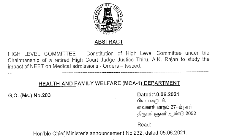 kalvisolai-kalviseithi-padasalai-kalvikural-kaninikkalvi-G.O No 283 - DATE 01.02.2021 - NEET A.K.RAJAN COMMITTEE