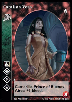 Cataline Vega, 8-capacity, Toreador vampire with superior Auspex, superior Celerity, superior Presence, and inferior Fortitude.  She is the Prince of Buenos Aires and has +1 bleed.