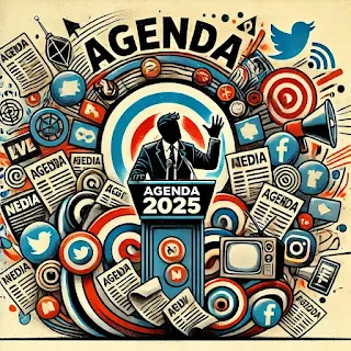 A symbolic illustration of chaotic political communication with 'AGENDA 2025' in bold letters at the top. A speaker at a podium gestures emphatically, surrounded by swirling media icons (TVs, newspapers, social media logos) and documents with bold headlines related to policy changes. The composition conveys urgency, distraction, and the overwhelming flow of information.