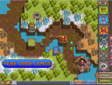 A screenshot from the free online version of tower defense strategy game Cursed Treasure 2 - play it on the gaming blog Very Good Games