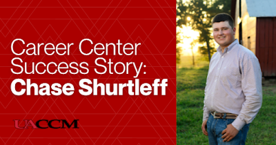 Text to the left says, "Career Center Success Story: Chase Shurtleff." Image to the right, Chase Shurtleff.