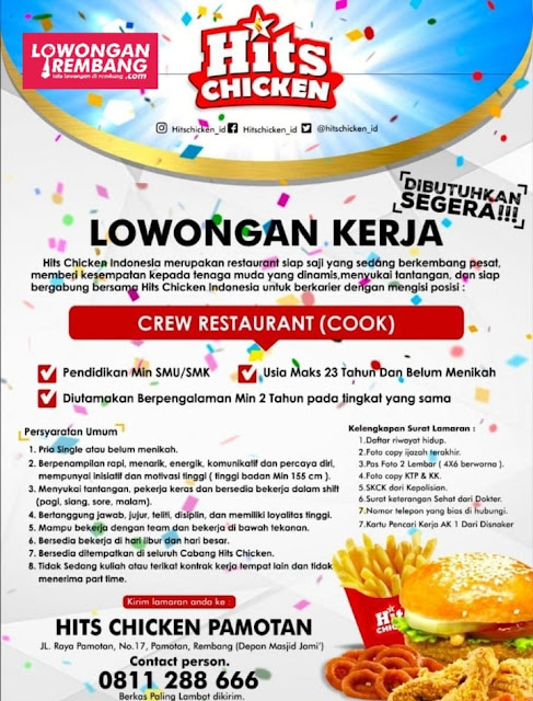 Lowongan Kerja Pegawai Crew Restaurant Hits Chicken Rembang