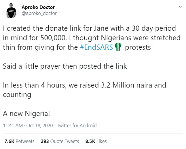 Nigerians raise more than N3million to acquire prosthetic leg for disabled lady who joined #EndSARS peaceful protest