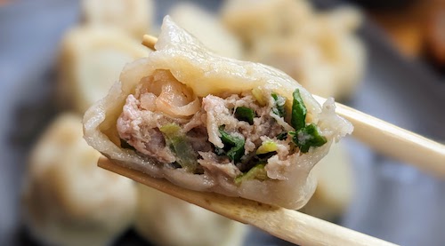 Biteaway view of pork leek shrimp dumpling 三鲜水饺