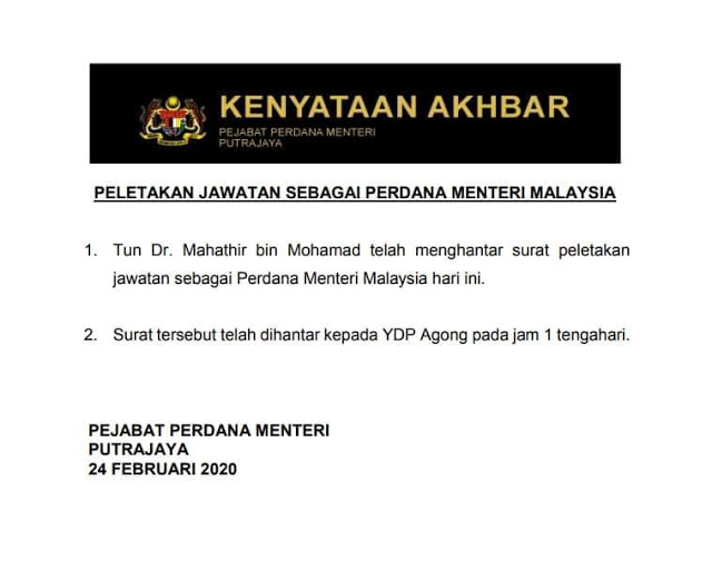 Pejabat Perdana Menteri sahkan perletakan jawatan Tun 