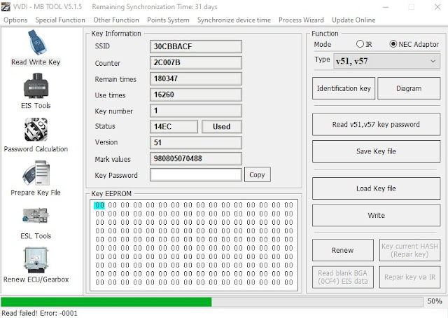 VVDI MB Error 1001 when Renew Original V51 Key 2