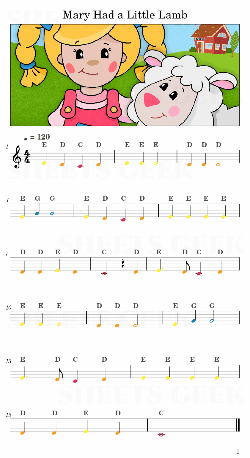 Mary Had a Little Lamb Easy Sheet Music Free for piano, keyboard, flute, violin, sax, cello page 1