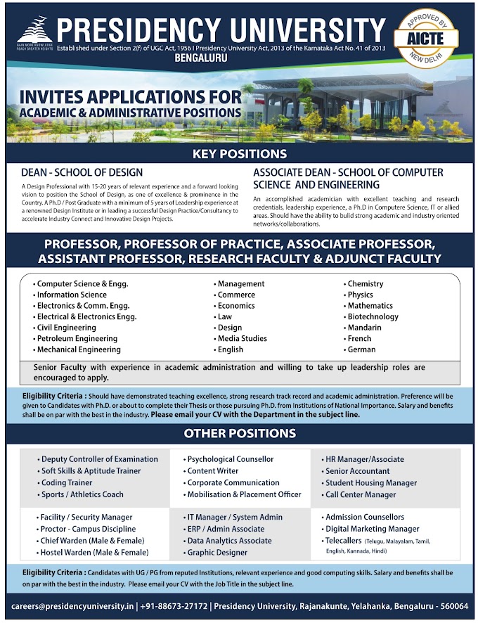 Presidency University Bengaluru Biotech Faculty Opening