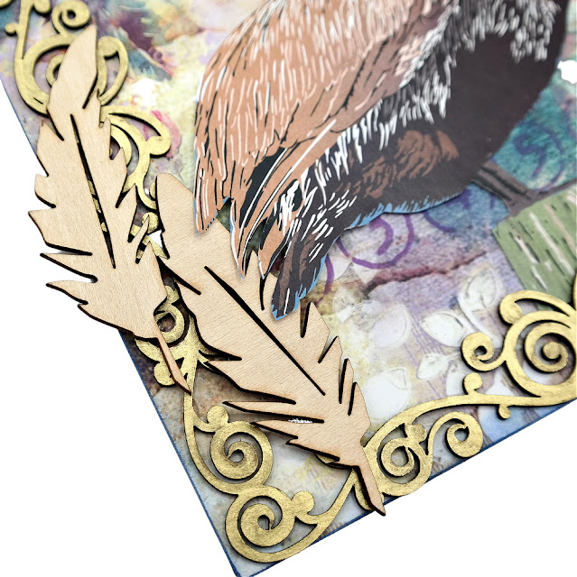 Wood Veneer Feathers on a Gold Filigree Framed Mixed Media Chipboard Arch