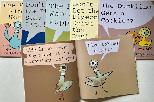 6 pigeon books by Mo Williams with one book open showing a pigeon refusing to have a bath