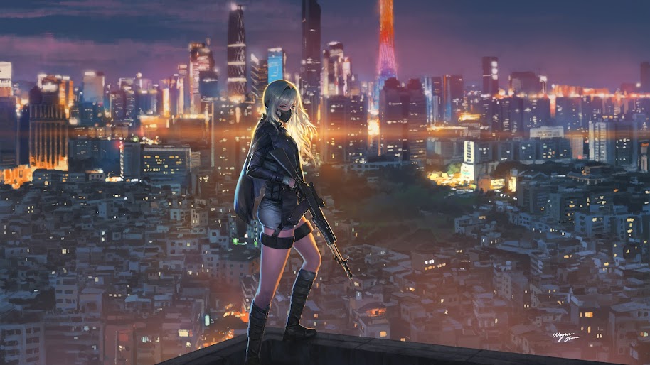 Anime Girl Rifle City Night 4k Wallpaper 188