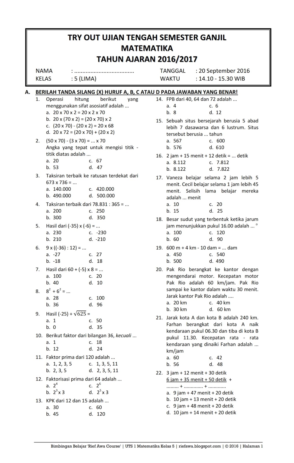 Download Soal  UTS Ganjil Matematika Kelas  5  Semester  1 