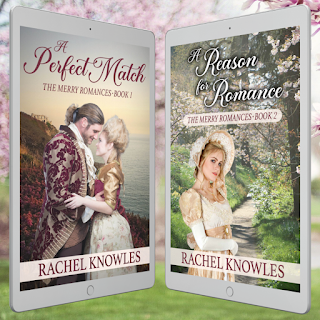 Covers for A Reason for Romance and A Perfect Match by Rachel Knowles on a tablets