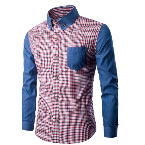 Button-Down Color Block Long Sleeve Plaid Shirt – L