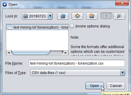 i鐵 Lookin: 20100723引 基 同 田i 時 E O dialog Note: ‘Some file formas ofer additional EAS J 77 options which can be customized File Name: text-mining-lof tokenization - tokenization.csv Files of Type: CSV datafiles csv Lowen cst