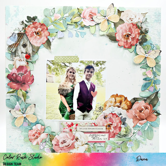 Fall wedding scrapbook layout created with the Simple Stories Simple Vintage Life In Bloom collection and embellishments from Color Rush Studio.