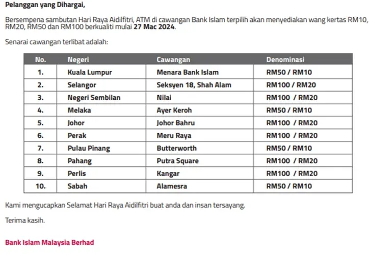 Senarai Cawangan Bank Islam Tukar Duit Raya Di ATM