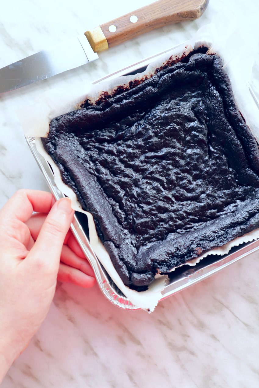 Banana cocoa brownies on their pan