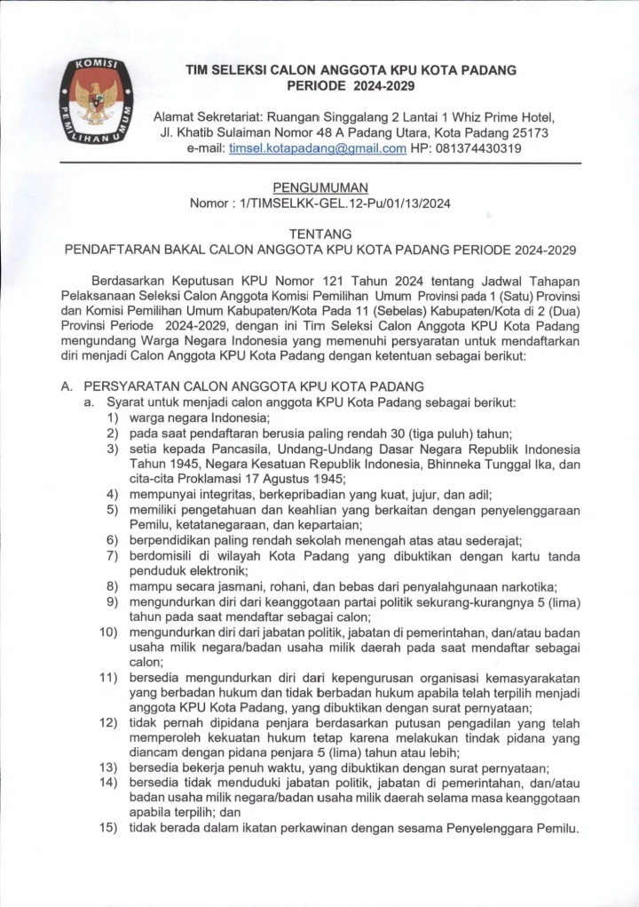 Pengumuman Pendaftaran Bakal Calon Anggota KPU Kota Padang Periode 2024-2029