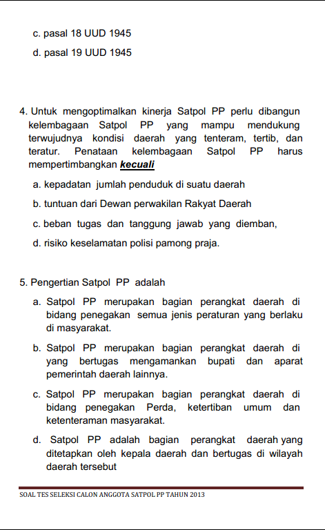 CONTOH SOAL UJIAN TERTULIS REKRUTMEN CALON SATPOL PP 