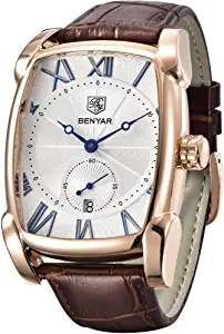 BENYAR Watch for Men Date Week Moon Phases Square 3ATM Waterproof Black Brown Blue Leather Strap Fashion Casual Classic Retro Rectangle Men's Wrist Watches Perfect Gifts for Friend
