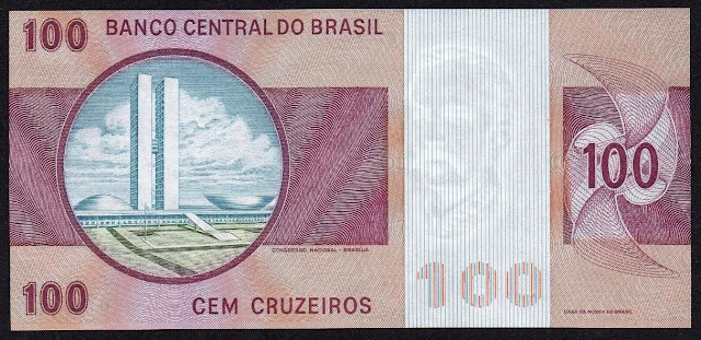 Brazil Banknotes 100 Cruzeiros banknote 1975 National Congress building in Brasilia designed by Oscar Niemeyer