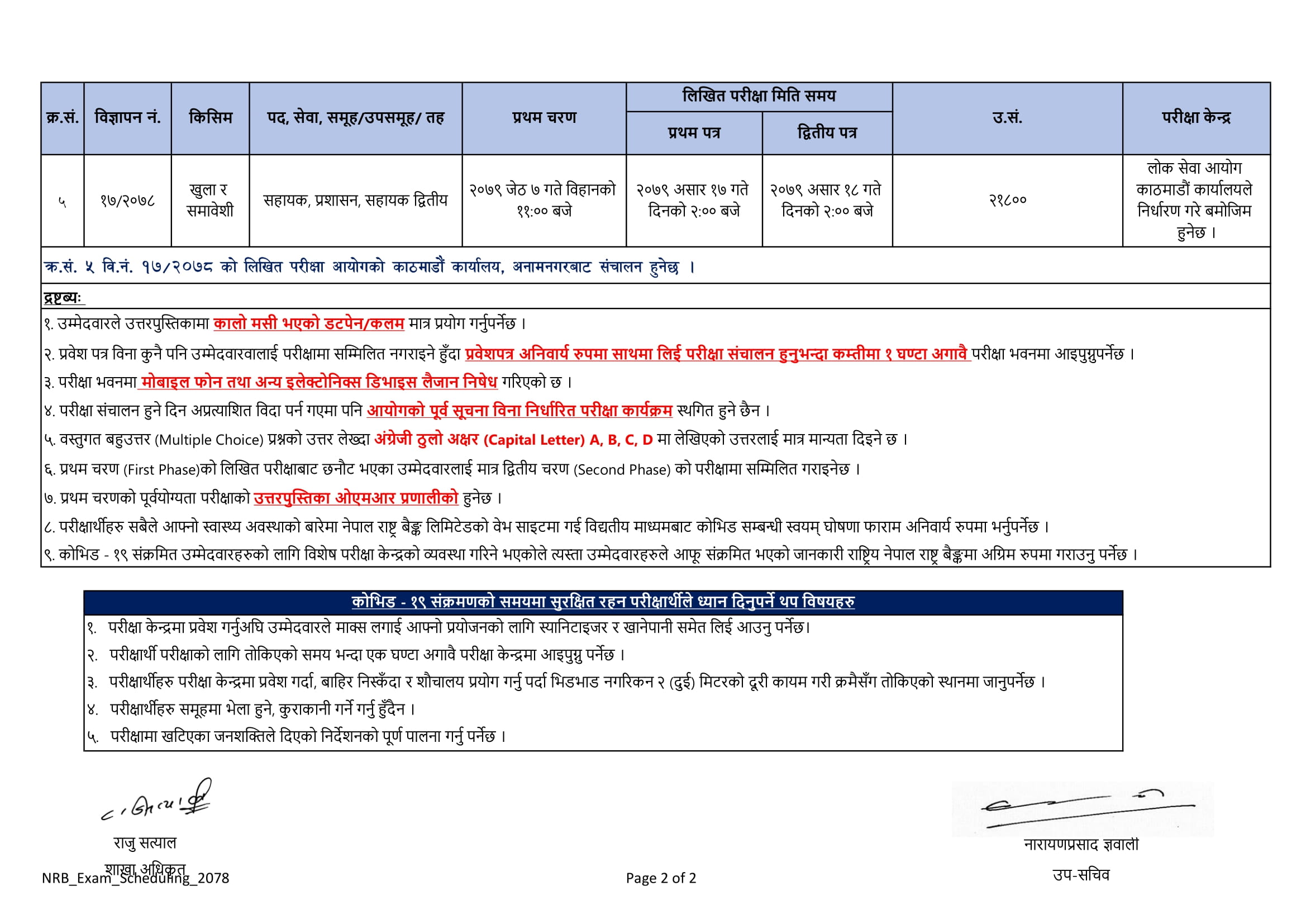 Nepal Rastra Bank Written Exam Routine