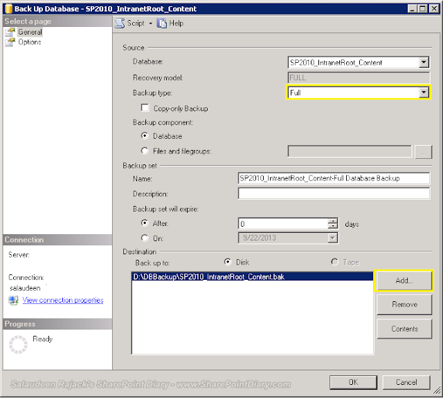 backup SharePoint content database in SQL Server Management Studio