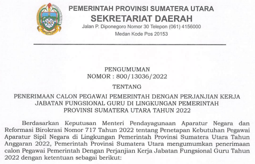 Rincian Formasi ASN PPPK Provinsi Sumatera Utara Tahun 2022