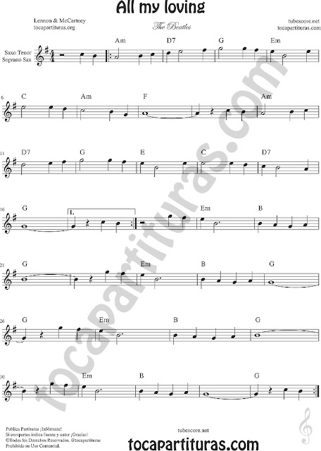 All my loving Partitura de Saxofón Tenor Soprano Sax Sheet Music for Tenor Soprano Saxophone