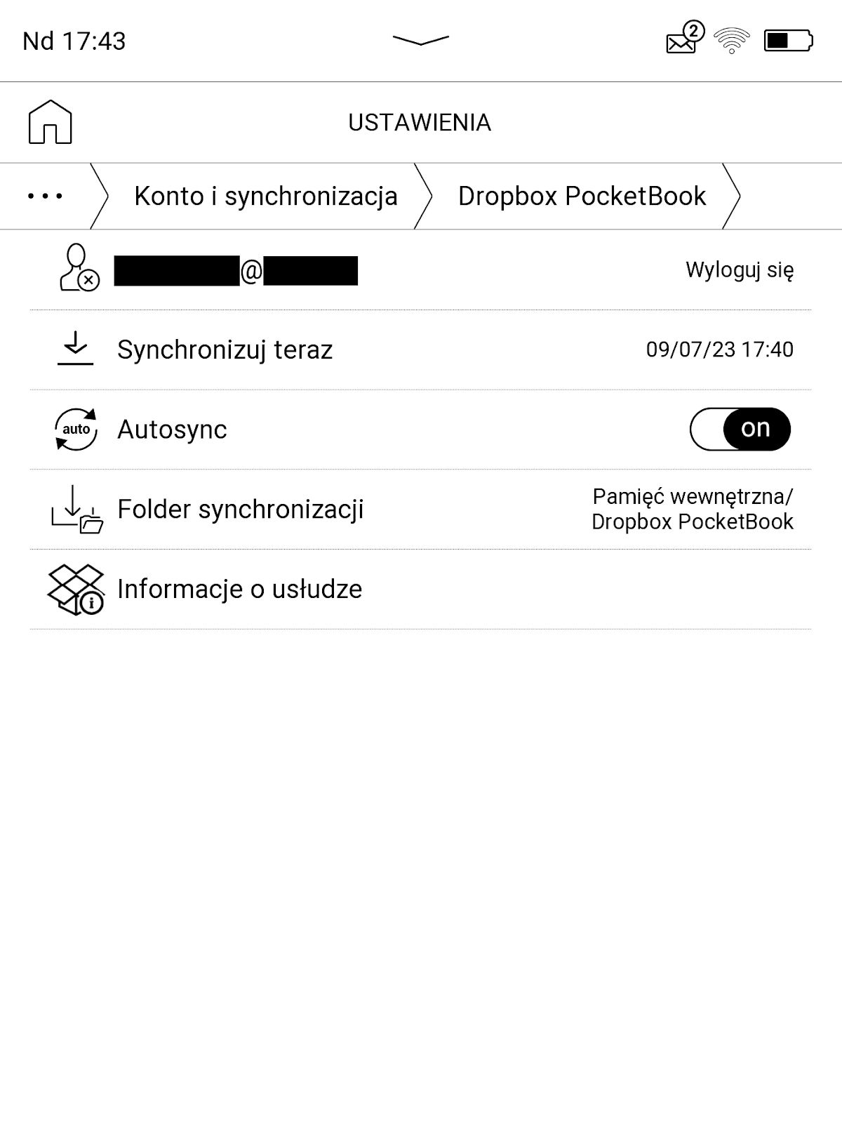 Widok ustawień usługi Dropbox w PocketBook InkPad 4