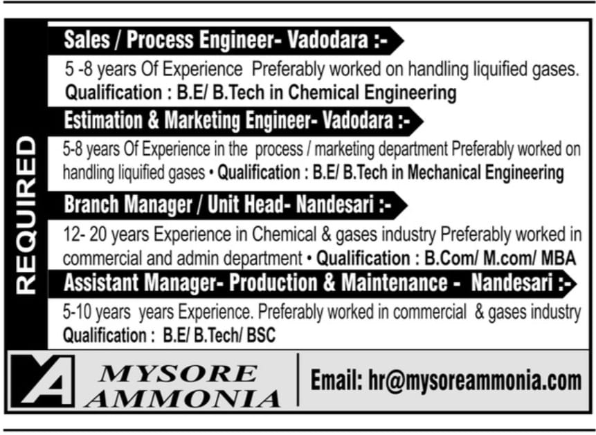 Job Availables,Mysore Ammonia Job Vacancy For B.E/ B.Tech/ Chemical/ Mechanical Engineering/ B.Com/ M.Com/ MBA/ BSc