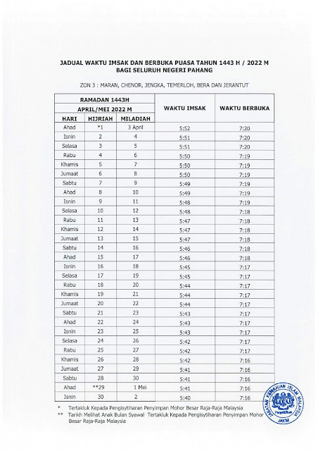 Jadual Imsak Dan Berbuka Puasa Di Negeri Pahang tahun 2022