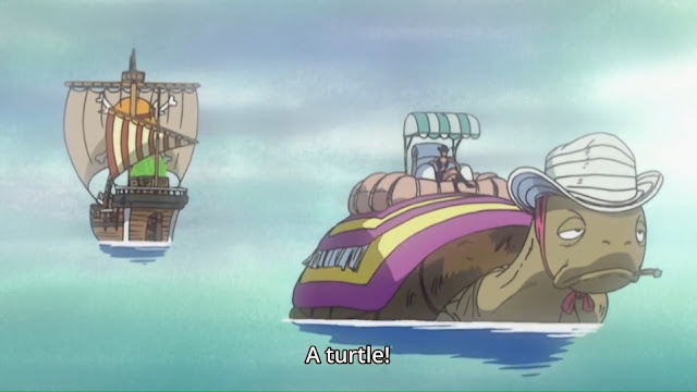 Nico Robin rides on a giant turtle