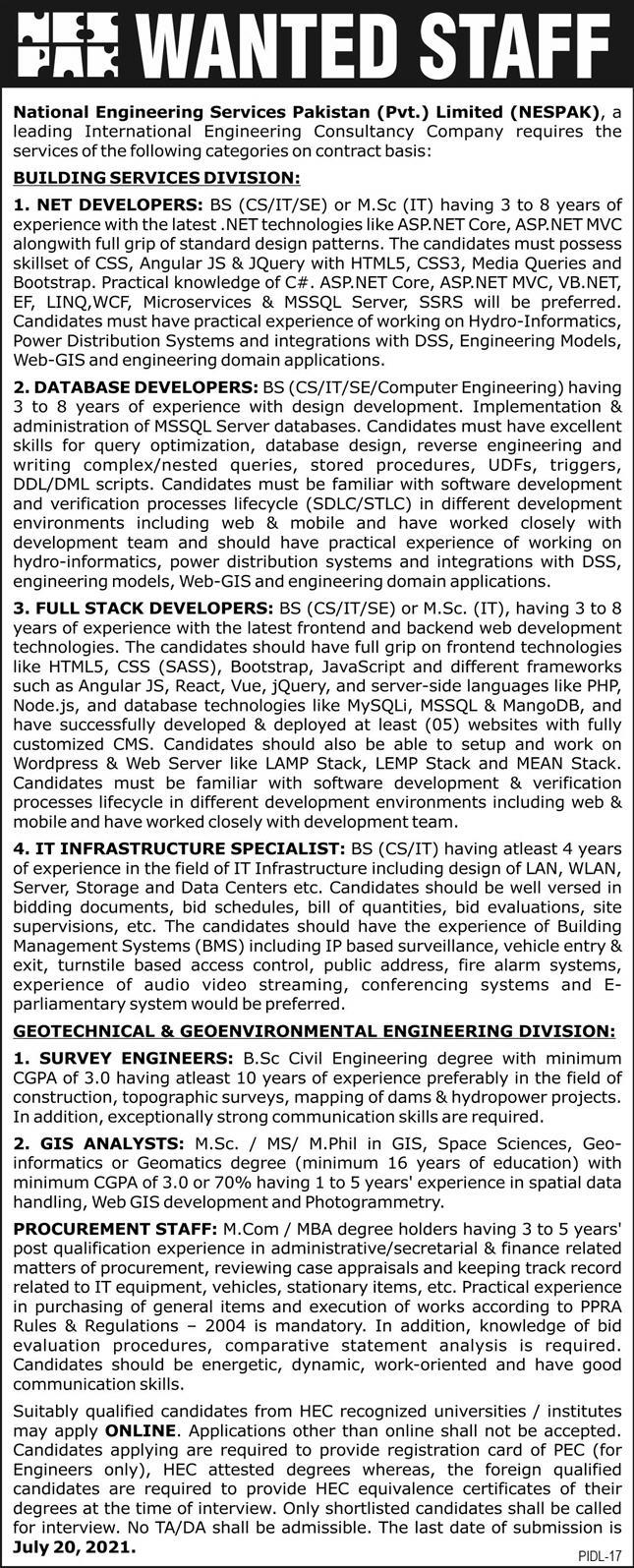 STAF Required in National Engineering Services Pakistan (pvt.) Limited (NESPAK)