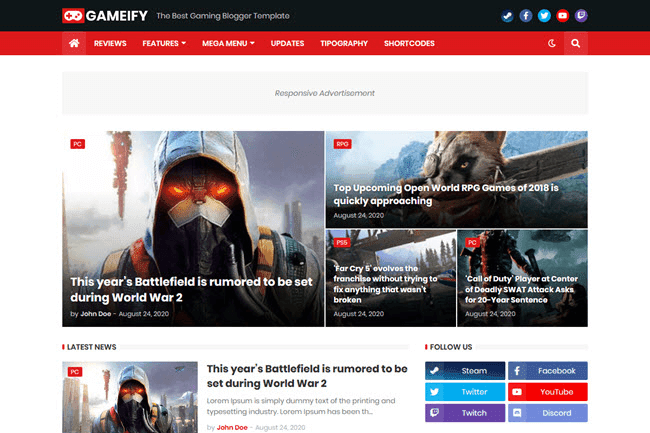 Gameify - Blog and Magazine Gaming Blogger Template