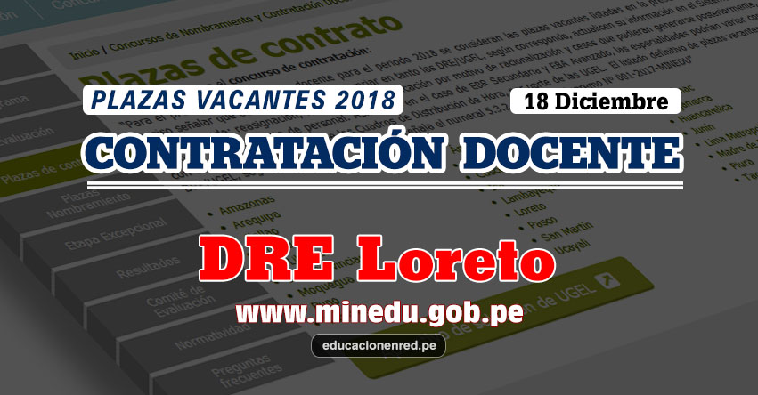 DRE Loreto: Plazas Vacantes Contrato Docente 2018 (.PDF) www.drel.gob.pe