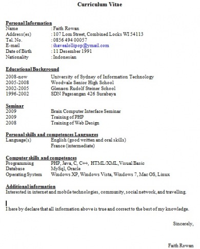 Contoh CV Bahasa Inggris Yang Benar Lengkap