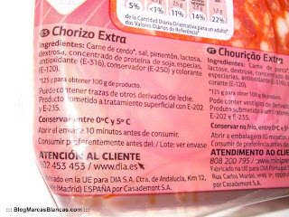 Ingredientes del chorizo extra en lonchas DIA