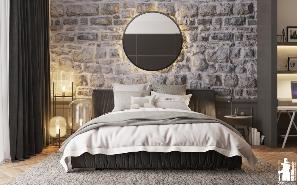 circular-mirror-stone-accent-wall-bedroom