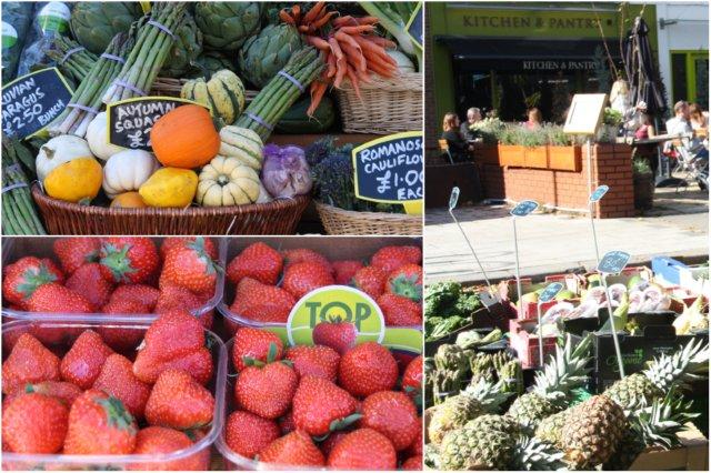 Mercadillo de frutas y verduras y terraza en Chiswick, Londres