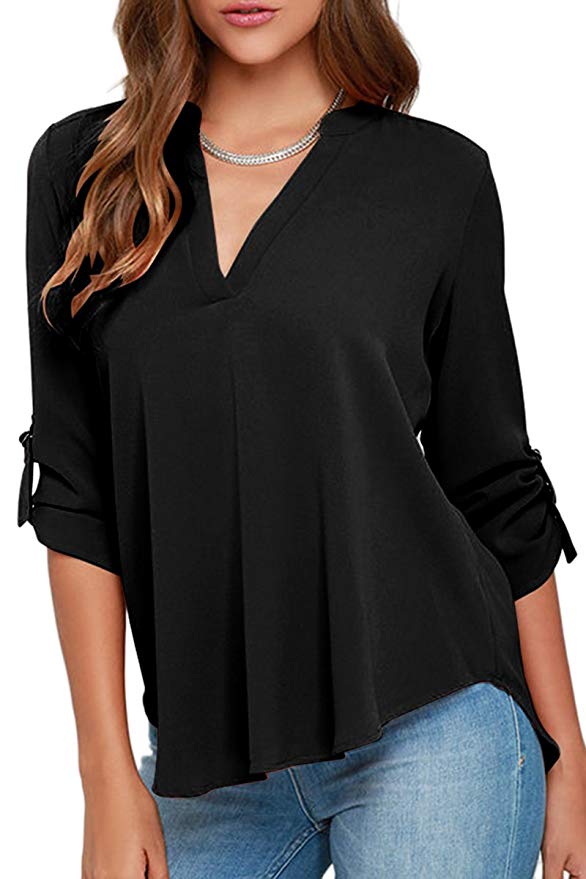  Long Sleeve Solid Color V Neck Tunic Shirt