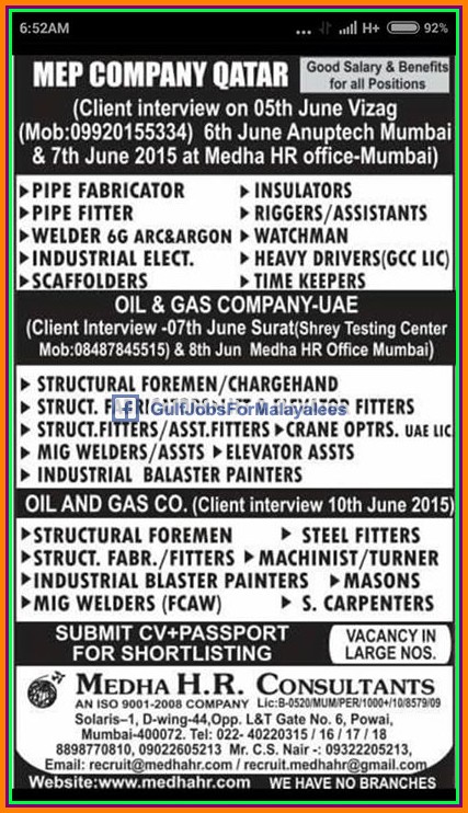 MEP Company Qatar large job vacancies