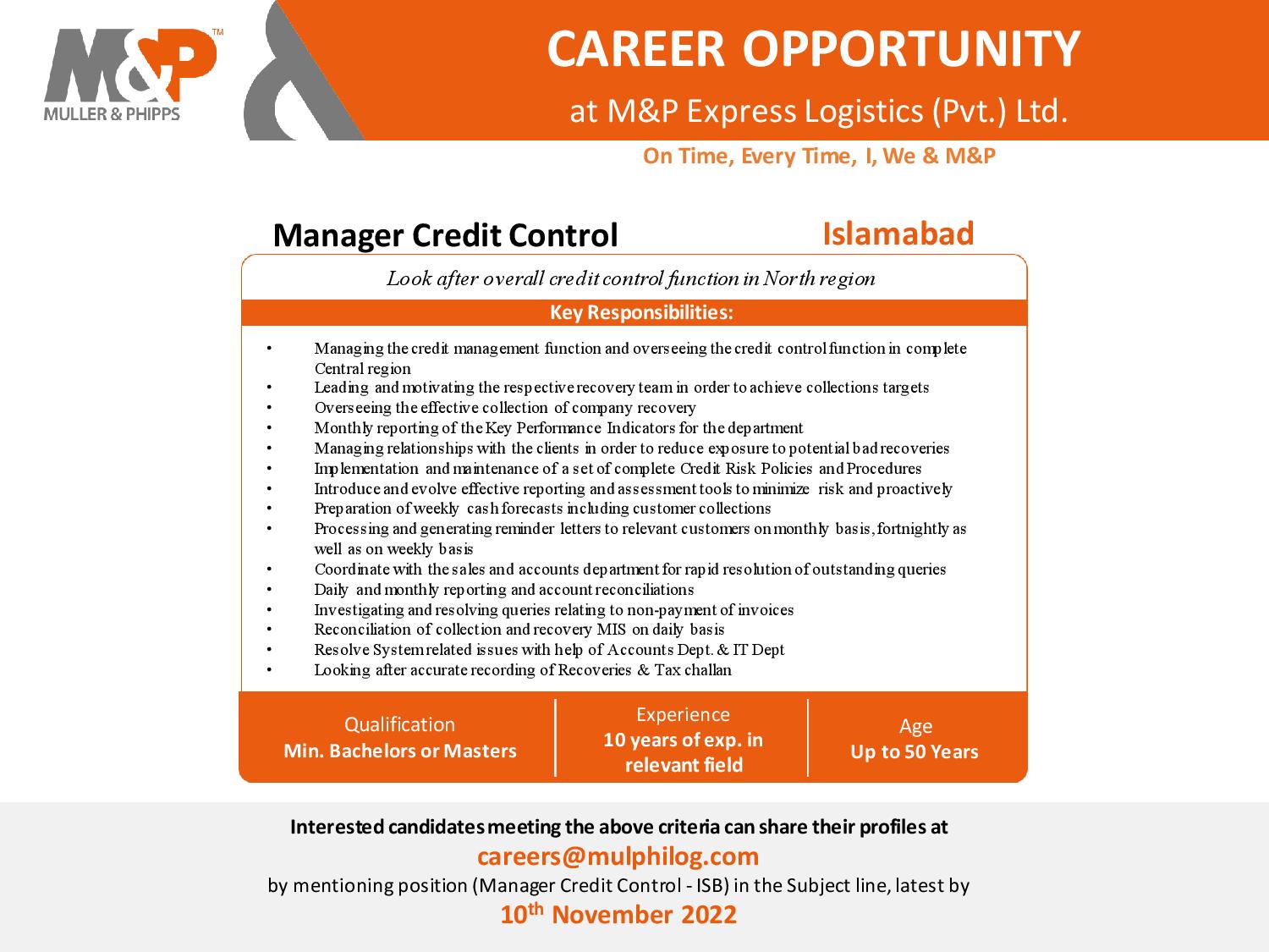Manager Credit Control opportunity at M&P Express Logistics