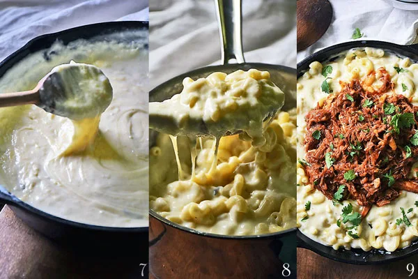 Photos showing the final 3 steps of the Pulled Pork Mac and Cheese recipe