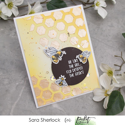 Picket Fence Studios October Release Card: I Bee Fierce Stamp, Honeycomb Stencil, Paper Glaze, Ink Blending, Prismacolor Pencils